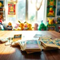 Showcase real pokemon cards in India beautifully arranged on a table with collectibles to inspire collectors.