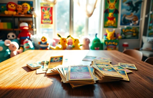 Showcase real pokemon cards in India beautifully arranged on a table with collectibles to inspire collectors.