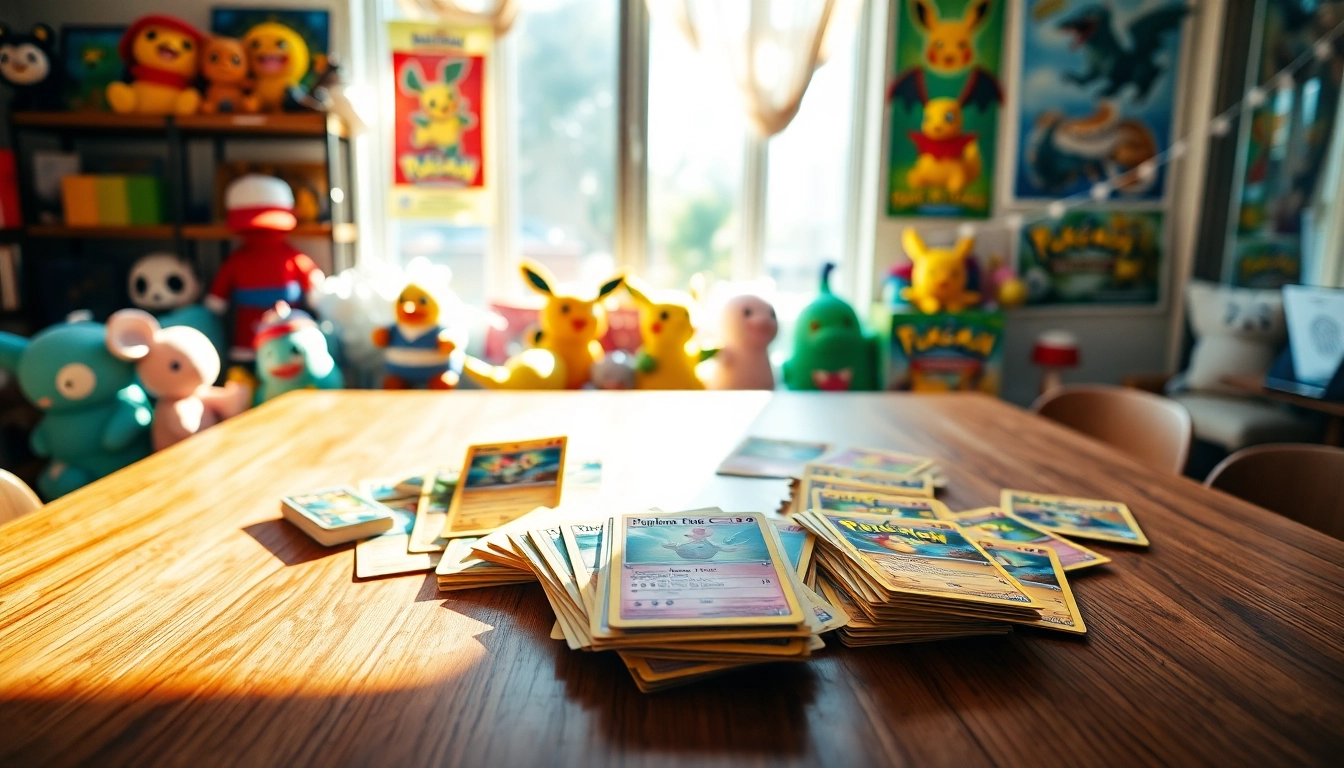 Showcase real pokemon cards in India beautifully arranged on a table with collectibles to inspire collectors.